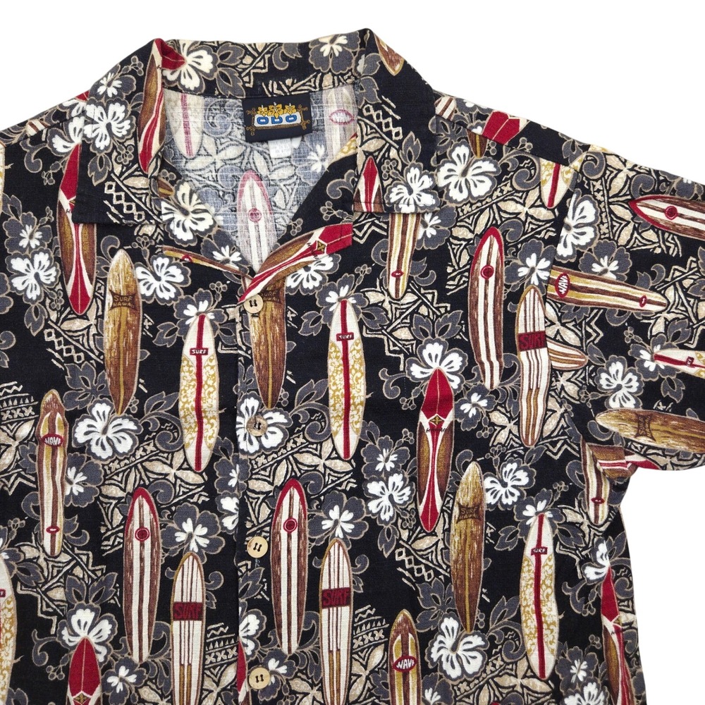 Vintage ODO‎ Surfboard AOP Short Sleeve Hawaiian Shirt Black Mens Large USA MADE